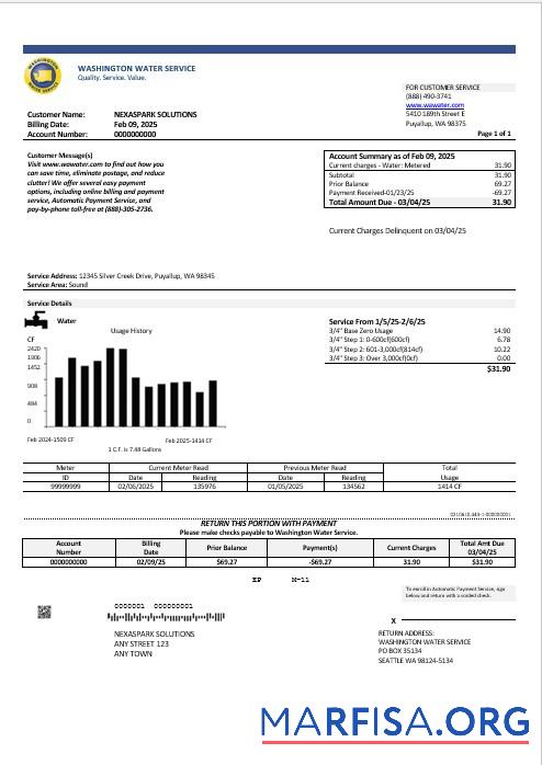 Downloadable USA Washington Water Service business utility bill template in Word and PDF formats